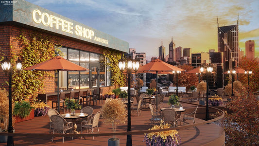 Autumn Jazz at Rooftop Coffee Shop Ambience - Relaxing Smooth Jazz Music and Autumn Sunset