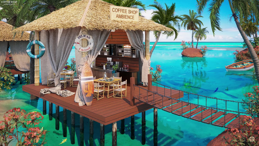 Outdoor Summertime Day at Coffee Shop Ambience with Relaxing Jazz Music on Beach and Ocean Sounds