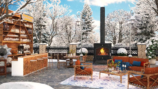 Cozy Winter Porch Coffee Shop Ambience with Relaxing Jazz Music & Fireplace
