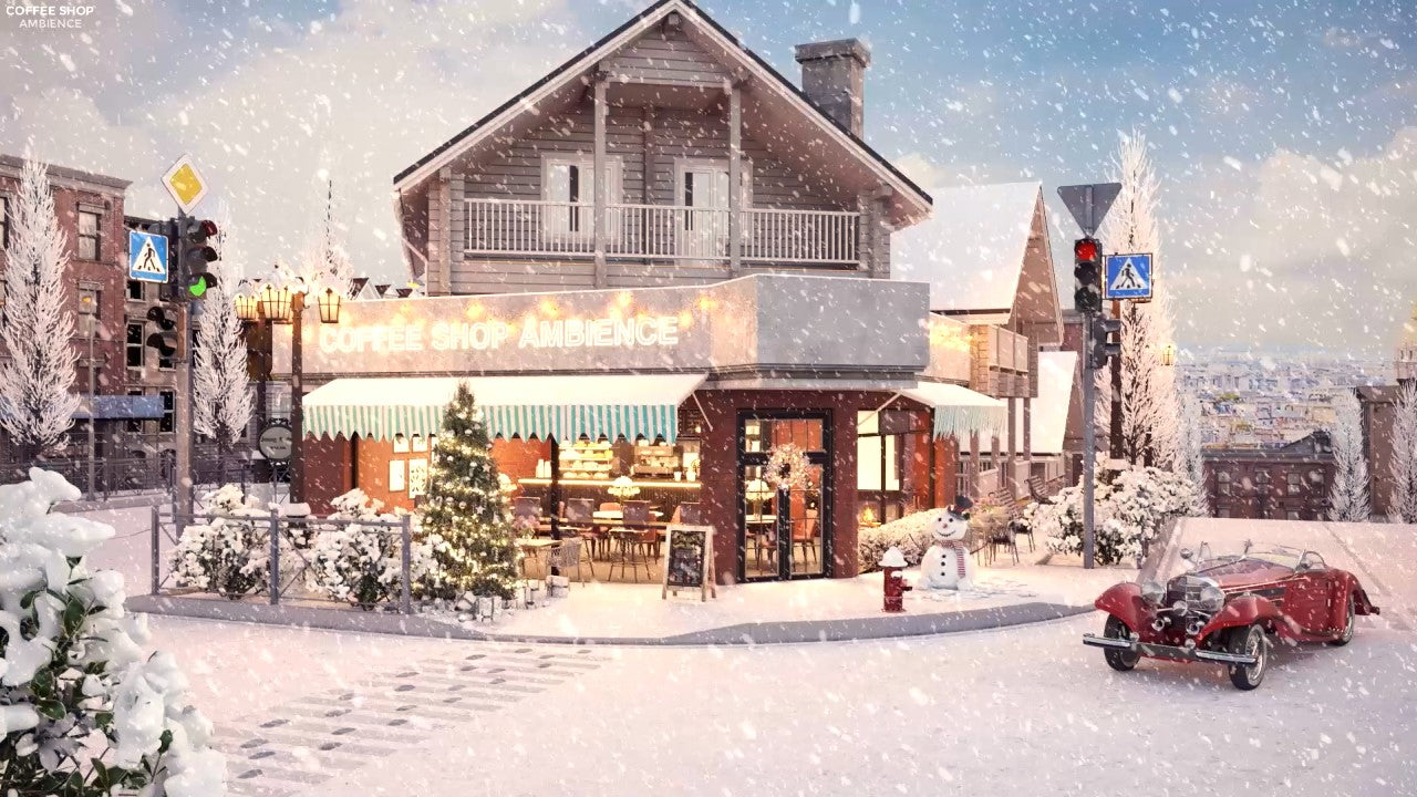 Snow Day at Cozy Coffee Shop with Relaxing Jazz Music, White Snow Falling and Winter Sounds